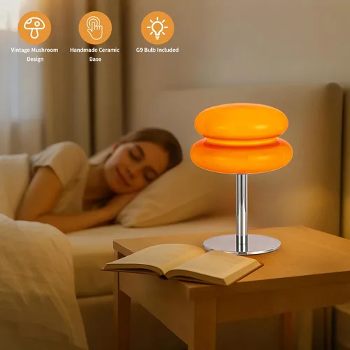 Miniatura 4 de Lámpara vintage de hongos, lámpara de cristal naranja con base de metal, lámpara de mesita de noche regulable para dormitorio, sala de estar
