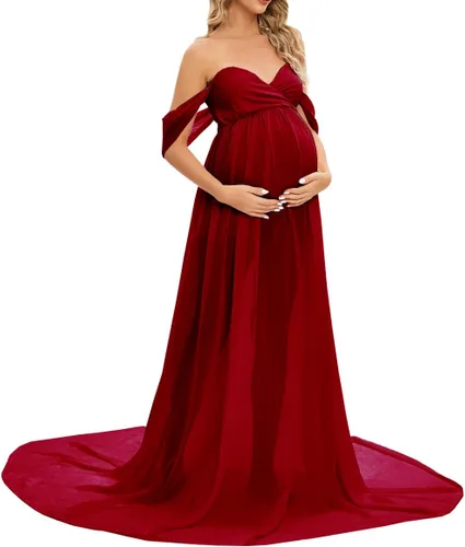 Miniatura 4 de ZIUMUDY Vestido largo de gasa de maternidad para sesión de fotos, fotografía con hombros descubiertos, vestido de gasa transparente envuelto