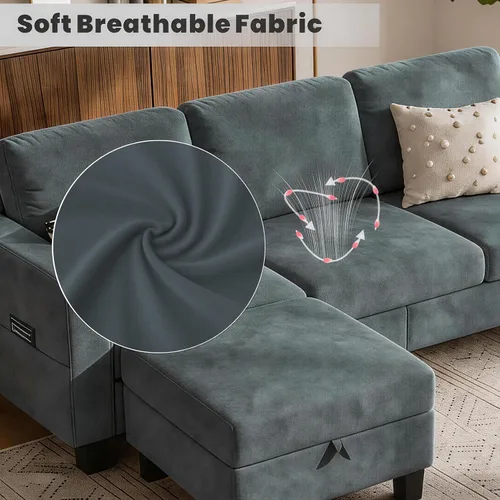 Miniatura 4 de Sofá modular de 78 pulgadas para sala de estar, sofá azul en forma de L con otomana de almacenamiento, asiento profundo, juego de sofá de tela