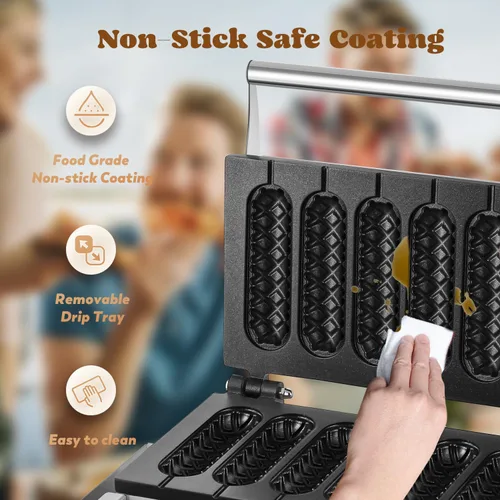 Miniatura 5 de Moongiantgo Máquina comercial para hacer gofres para perros de maíz, 6 unidades de 1550 W, plancha de prensa de queso para perros calientes, control