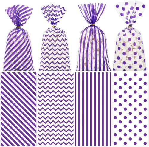 Miniatura 11 de Whaline 160 bolsas de celofán plateado con lazos torcidos, diseño de rayas onduladas, bolsas de plástico para golosinas, bolsa de dulces