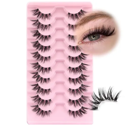 Miniatura 14 de Ahrikiss Mitad pestañas de aspecto natural, 10 pares de pestañas postizas 3D esponjosas con banda transparente, medias pestañas cortas suaves (TB10)