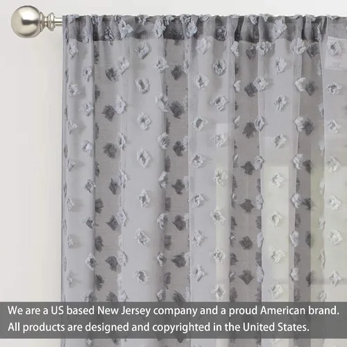Miniatura 8 de DriftAway Olivia - Cortinas transparentes de gasa gris de vellón bordado para ventana con pompones, 2 paneles con pliegue para barra de 52 pulgadas
