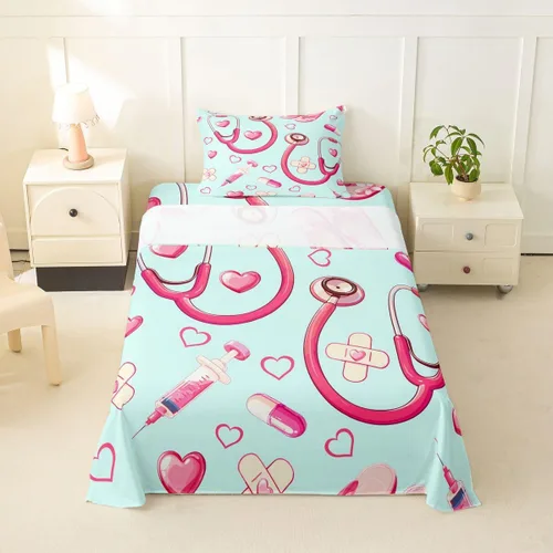 Miniatura 37 de Erosebridal Nurse Sheet Set Stethoscope Twin Sheets Set for Teen Boys,Colorful Medical Healthcare Heartbeat Syringe Fitted Sheet