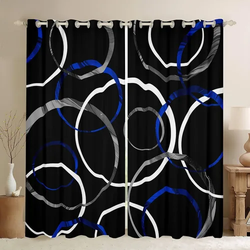jejeloiu Cortinas opacas con círculos geométricos para niños, 30 % a 50 %, color negro y azul, cortinas de ventana con espirales geométricos, para