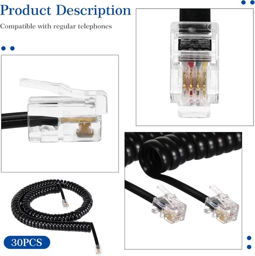 Miniatura 3 de Kanayu Paquete de 20 cables de teléfono negros de 12 pies para teléfono fijo en espiral a granel para uso con todos los accesorios de cable