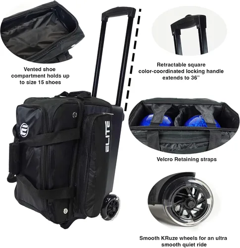 Miniatura 3 de ELITE Bolsa de bolos Deluxe de 2 bolas con ruedas lisas de 5 pulgadas, bolsillo grande para accesorios, compartimento para zapatos, mango extensible