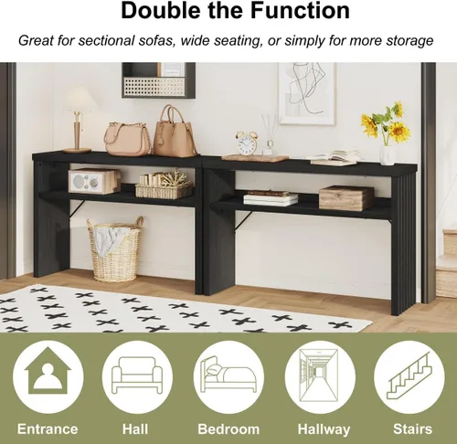 Miniatura 6 de BON AUGURE Mesa consola con almacenamiento, mesa de entrada negra, mesas de sofá de madera detrás del sofá para sala de estar, mesas de entrada