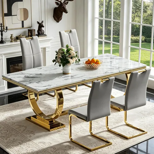 Miniatura 13 de 5 Piece Black Marble Dining Table Set for 4, Modern Faux Marble Kitchen Dining Room Tables with 4 Leather Chairs Set, 68.11" Luxury Rectangular