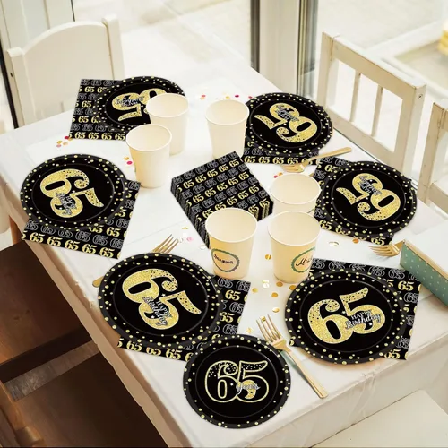 Miniatura 7 de 96 piezas de decoración de cumpleaños número 65 para hombres, platos y servilletas de papel para la mesa de pastel, suministros de mesa