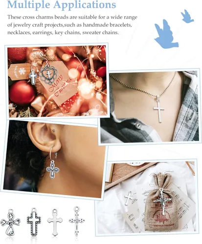 Miniatura 6 de 60 piezas de dijes de cruz de plata antigua, conector de crucifijo de aleación para collares, pulseras, aretes, elaboración de joyas (15 estilos)