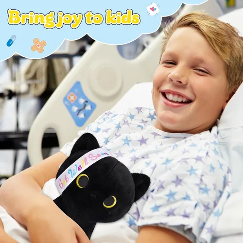 Miniatura 2 de Regalos para mujeres y niños, peluche de gato negro de 8 pulgadas, animales de peluche con texto en inglés "Get Well Soon", peluches de gato kawaii