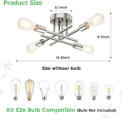 Miniatura 4 de Lámparas de techo semiempotradas de níquel cepillado, lámpara de araña Sputnik industrial moderna de 4 luces, lámpara de montaje empotrada plateada