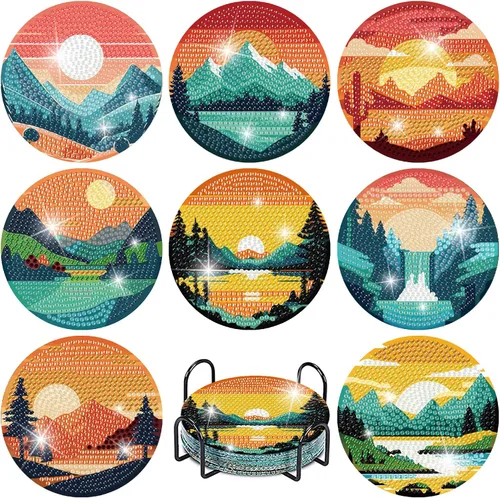 Clendo Juego de 8 posavasos de arte de diamantes de paisaje con soporte, kits de arte de diamantes pequeños al atardecer para adultos principiantes,