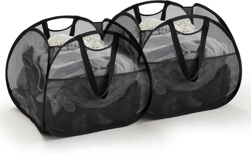 Miniatura 12 de TECHMILLY Cesta plegable de malla con asas fuertes, cesta de ropa de gran apertura con bolsillos laterales, cestas de almacenamiento para Negro