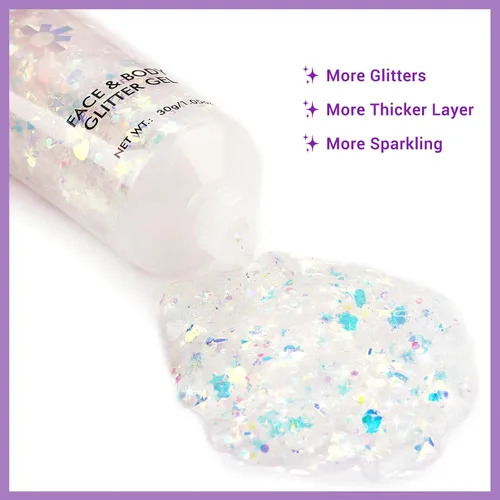 Miniatura 6 de BADCOLOR Gel de purpurina blanca para la cara y el cuerpo, maquillaje holográfico brillante con purpurina gruesa para cabello, uñas, labios, Blanco