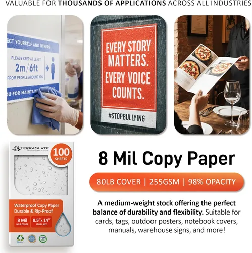 Miniatura 6 de TerraSlate Papel para impresora láser impermeable, 8 milésimas de pulgada de grosor y 8.5 x 14 pulgadas, 100 hojas, color blanco, a prueba