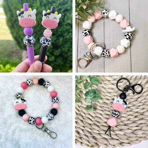 Miniatura 4 de FASHEWELRY 100 cuentas de silicona de vaca, cuentas focales de animales de 0.59 y 0.47 pulgadas, estampado de vaca rosa y negro para manualidades