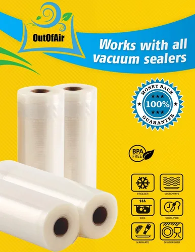 Miniatura 6 de Rollos selladores al vacío de 8 y 11 pulgadas y 25 pies (2 de cada uno, 100 pies en total) Las bolsas selladoras al vacío OutOfAir funcionan