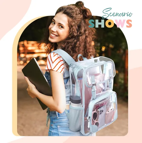 Miniatura 2 de mommore Mochila transparente resistente, grande, transparente, para escuela, PVC, aprobada para estadios, mochila transparente