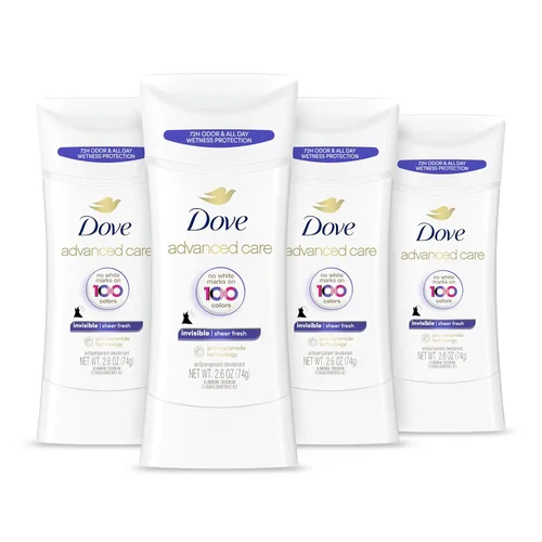 Dove Advanced Care - Barra desodorante antitranspirante para mujer, Sheer Fresh, 4 unidades, desodorante antimanchas para axilas suaves, 72 horas de