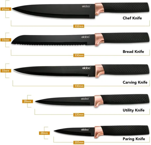Miniatura 3 de elabo - Juego de cuchillos de cocina de acero inoxidable antiadherentes con soporte, 5 piezas, color negro, mango de oro rosa