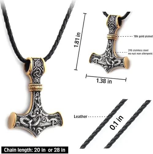 Miniatura 4 de BAVIPOWER Colgante de oro de 18 quilates Mjolnir nórdico vikingo, martillo de Thors para hombres y mujeres, acero inoxidable 316L, joyería