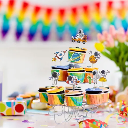 Miniatura 6 de Gyufise 36 piezas de astronauta espacial para cupcakes, planeta, cohete, telescopio, viaje a la luna, para cupcakes para el espacio exterior, baby