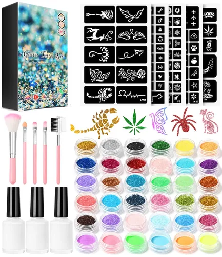 Kit de tatuaje temporal con purpurina para maquillaje de niños, 30 purpurina corporal, 3 pegamento de purpurina, 5 hojas de plantillas de tatuajes,