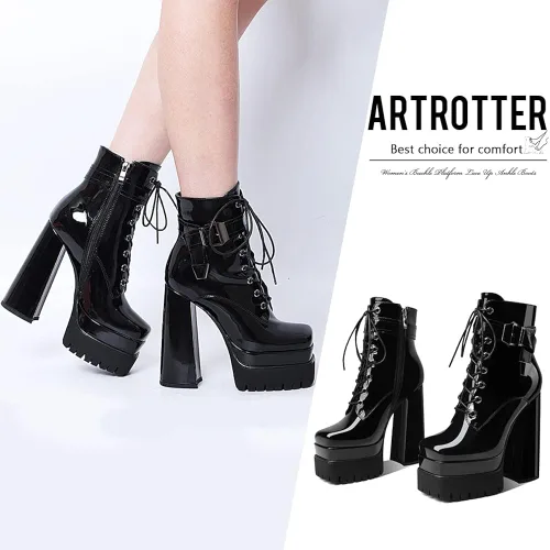 Miniatura 2 de Artrotter Botas de plataforma con hebilla para mujer con cordones y punta cuadrada tacón grueso botines de combate de cuero