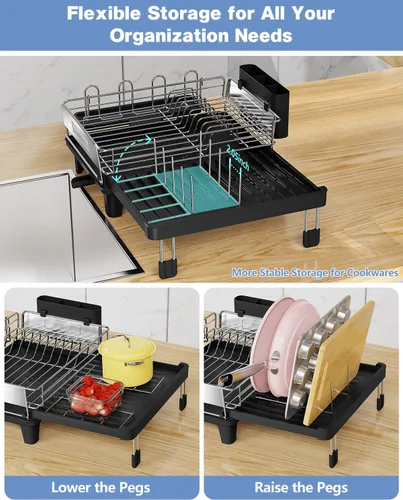 Miniatura 4 de Escurridor de platos expandible para encimera de cocina, acero inoxidable 304, placa retráctil abatible, ajustable multidireccional, estante