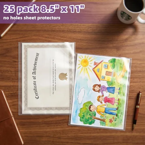 Miniatura 6 de VOKOY 25 Pack No Holes Sheet Protectors, 8.5" x 11", Letter Size Heavy Duty Clear View Page Sleeves Protectors, Clear Paper Document Artwork