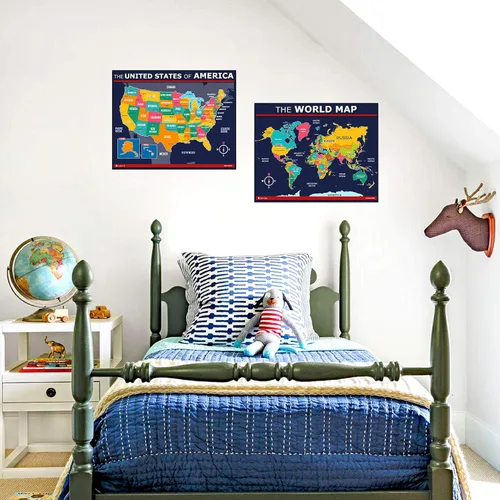 Miniatura 13 de Póster de mapa de Estados Unidos y del mundo 2 unidades para niños laminado azul (actualizado fijo V2.0) Young N Refined (18x24)