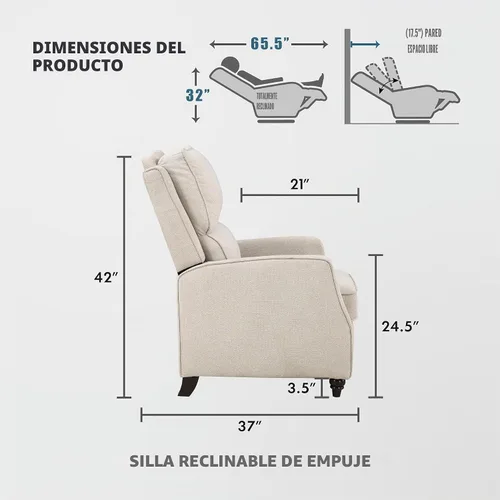 Miniatura 2 de Lexicon Silla Reclinable con Respaldo Empujable para Sala de Estar, Silla de Sofá Reclinable, Sillón Reclinable Moderno, Asiento Reclinable de Tela