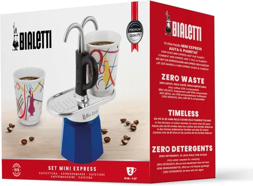 Miniatura 3 de Bialetti - Mini Express Kandinsky: El juego Moka incluye cafetera 2 tazas (2.8 Oz) + 2 vasos de chupito, azul claro, aluminio