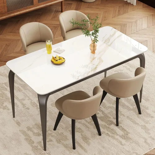 Mesa de comedor, mesa de cocina de piedra sinterizada, mesa rectangular moderna de pizarra blanca de 55 pulgadas con patas de metal, mesa de comedor