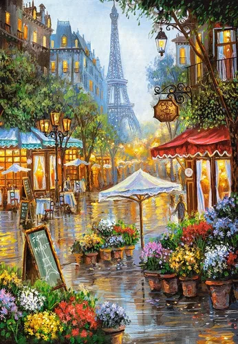 Miniatura 2 de Castorland Rompecabezas de 1000 piezas, flores de primavera, París, Francia, colorido rompecabezas de la torre Eiffel y café, rompecabezas