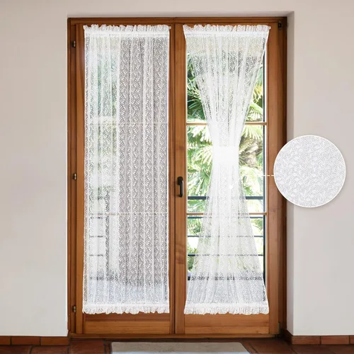 Miniatura 10 de Juego de 2 cortinas traslúcidas blancas para puerta francesa, 25 x 72 pulgadas, cortinas de gasa de encaje con ramas y hojas botánicas para patio