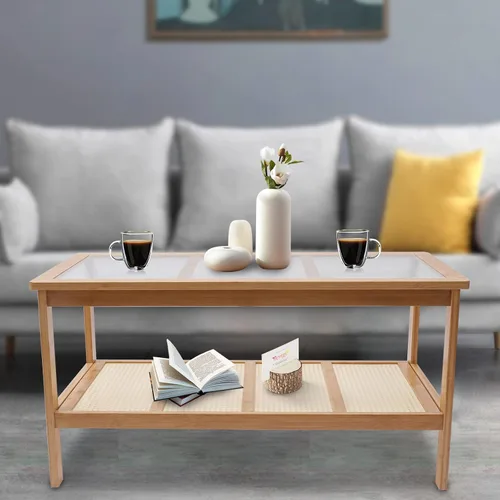 Miniatura 5 de Mesa auxiliar rectangular de 2 niveles de mediados de siglo con parte superior de cristal y estante de almacenamiento rústico, soporte de TV