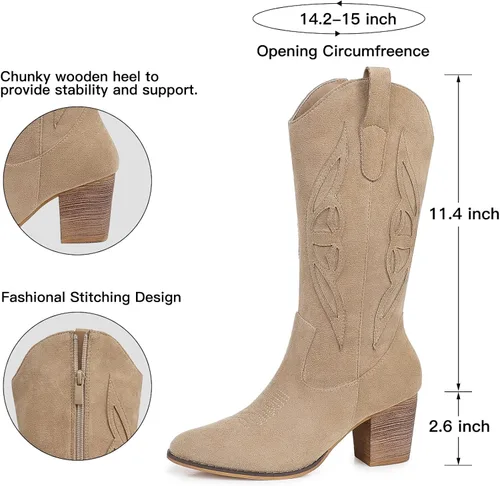 Miniatura 6 de SHIBEVER Botas vaqueras para mujer Medio Botas vaqueras negras de pantorrilla ancha con bordado occidental de tacón alto con punta redonda