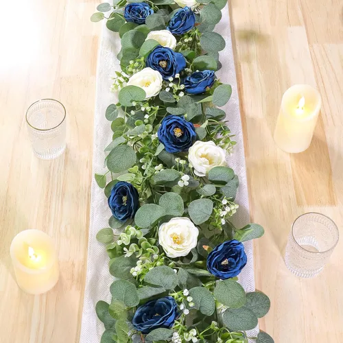 Miniatura 10 de TOCHGREEN Paquete de 4 Guirnaldas de Flores de Eucalipto Artificial con Rosas Blancas, Guirnalda de Flores de Rosa Falsa Vegetación Enredaderas