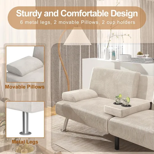 Miniatura 5 de Shahoo - Sofá moderno tapizado, futón convertible plegable con reposabrazos removibles, patas de metal, 2 portavasos para sala de estar, beige