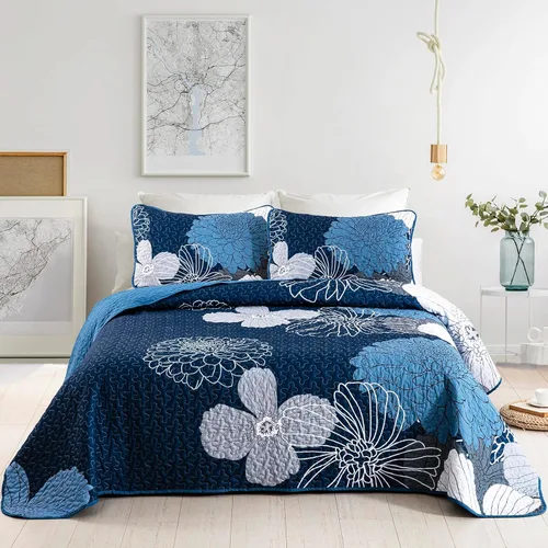 Miniatura 17 de Juego de edredón de 3 piezas con patrón floral azul marino, tamaño Queen, juego de ropa de cama reversible de microfibra con patrón de flores