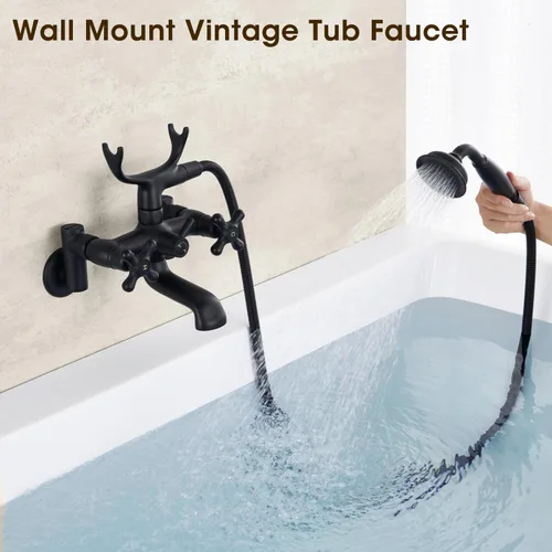 Miniatura 7 de Grifo de bañera de montaje en pared con ducha de mano de 3 a 9 pulgadas de centro, llenador de bañera de montaje en pared vintage negro mate, juego