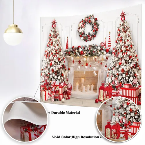 Miniatura 7 de Mocsicka Telón de fondo para chimenea de Navidad blanco y rojo, fondo para fotografía de árbol de Navidad, invierno, Navidad, familia, niños, fiesta