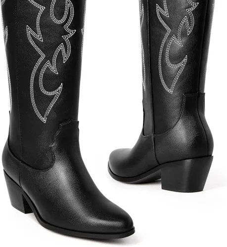 Miniatura 2 de Ouepiano - Botas vaqueras blancas para mujer, botas con longitud hasta la rodilla, tacón grueso y puntera puntiaguda, sin cordones, pantorrilla