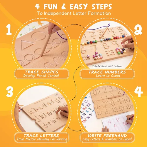 Miniatura 3 de Hulats Aprende a Escribir - Tableros de Trazado de Números y Letras con Flechas Direccionales - Juguetes Montessori de Madera para Aprender