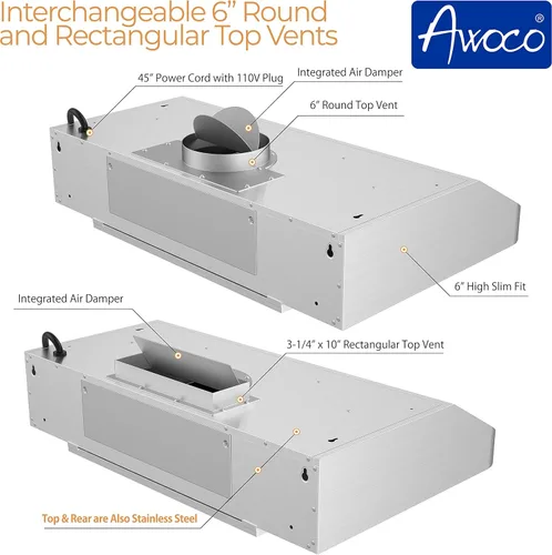 Miniatura 3 de Awoco RH-C06 - Campana de acero inoxidable de 6 pulgadas y 4 velocidades para usar debajo del gabinete, 900 CFM, con luces, 30, 36 y 42 pulgadas