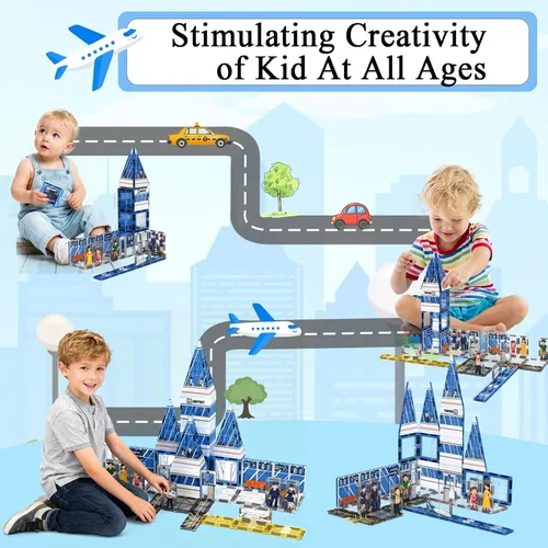 Miniatura 6 de AFUNX - Azulejos magnéticos, set de 54 piezas con tema de aeropuerto, bloques de construcción magnéticos y juguetes educativos STEM para niños