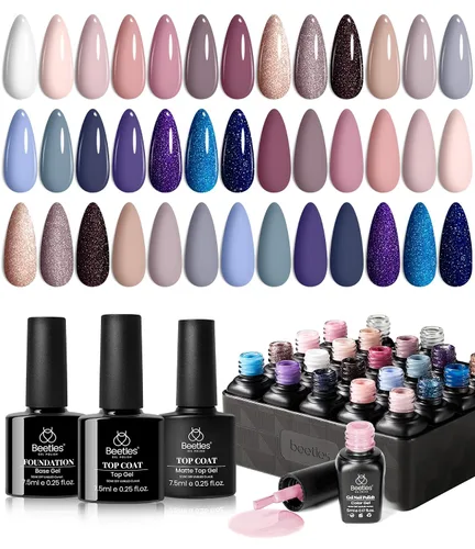 Miniatura 20 de beetles colección “Muse” - Esmaltes en gel, 20 colores, nude, gris, rosa, azul y brillantina, kit de manicura para principiantes con 3 frascos